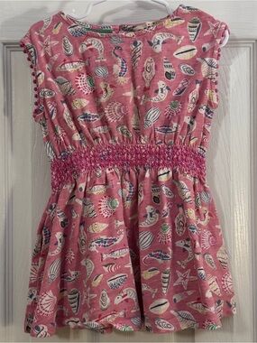 Mini Boden Baby Girl Pink Shell & Sea Life Print Smocked Waist & Pockets